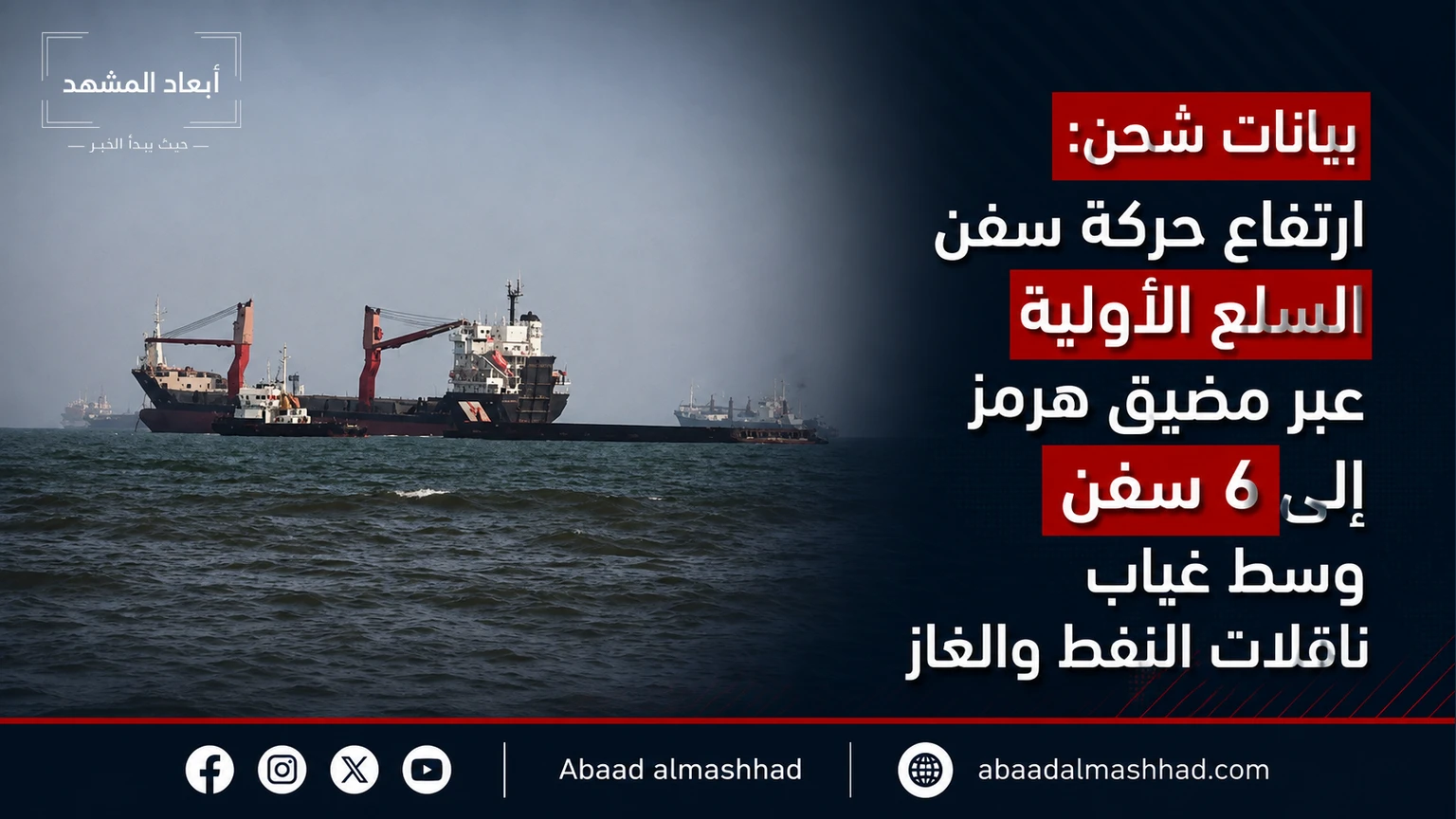 بيانات شحن: ارتفاع حركة سفن السلع الأولية عبر مضيق هرمز إلى 6 سفن وسط غياب ناقلات النفط والغاز